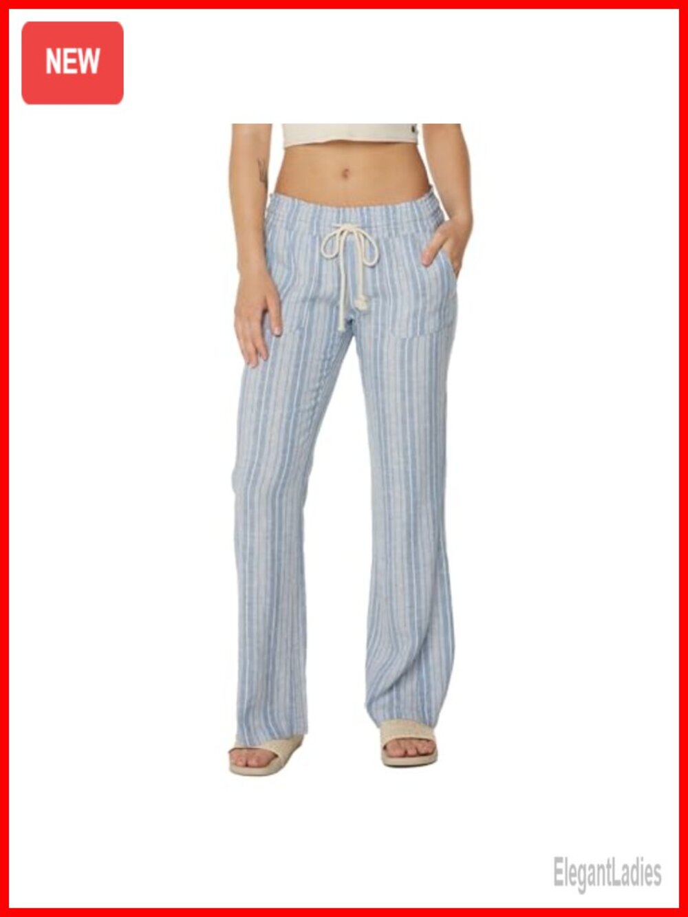 Linen Blend Wide Leg Beach Pants with Pockets and Drawstring Waist